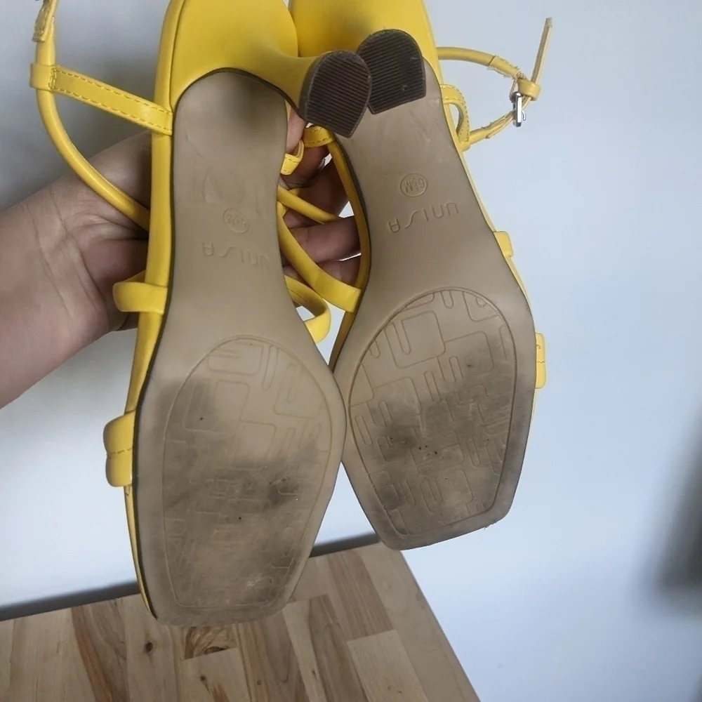 𝅺UNISA Yellow Square Toe Heeled Sandal 6.5 Summer Bright Maximalist Strappy